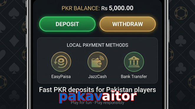 Deposit and withdrawal screen with PKR methods